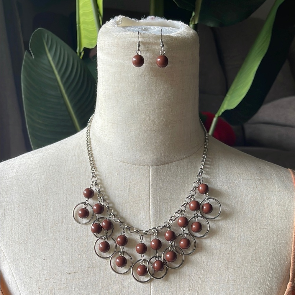 Brown Beaded Necklace and Earring Set